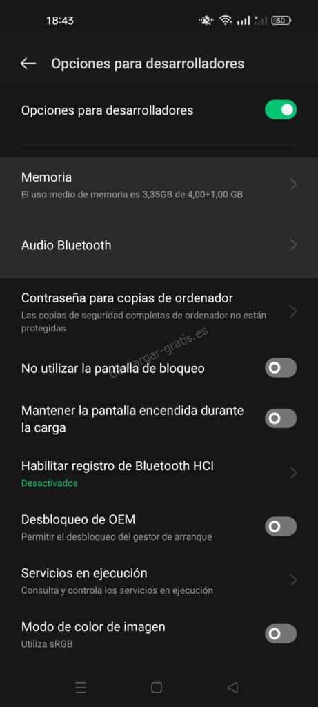Opciones de desarrolladores