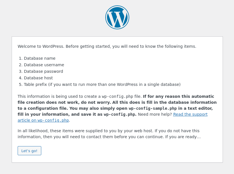 Página inicial de instalación de WordPress
