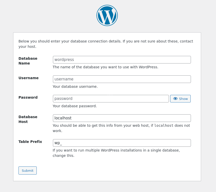 Página de configuración de la conexión a la base de datos en WordPress