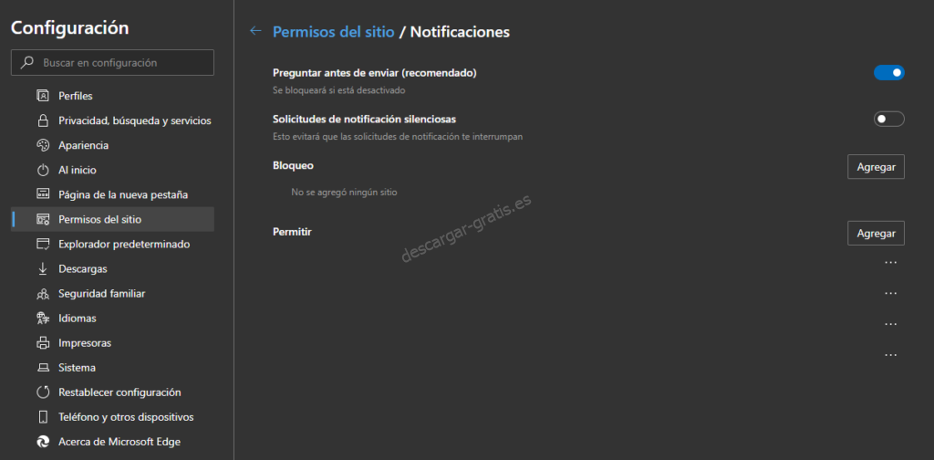 Configurar notificaciones en Edge