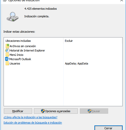 Opciones indeizacion Windows