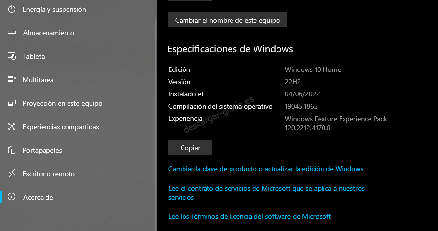 Especificaciones de Windows